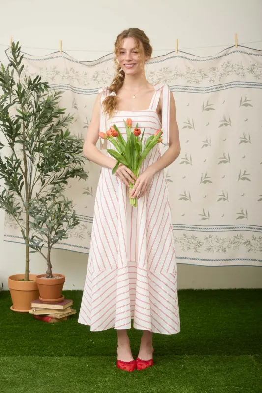 STRIPE TIE STRAP DETAIL EMPIRE WAIST MIDI DRESS made by Blu Pepper