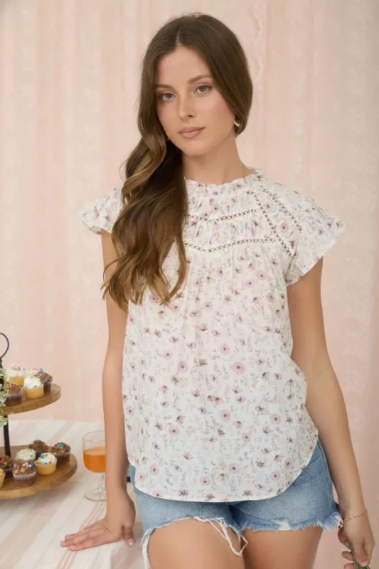 FLORAL RUFFLE DETAIL LINE LACE YOKE TOP (PRE-ORDER) sold by Blu Pepper