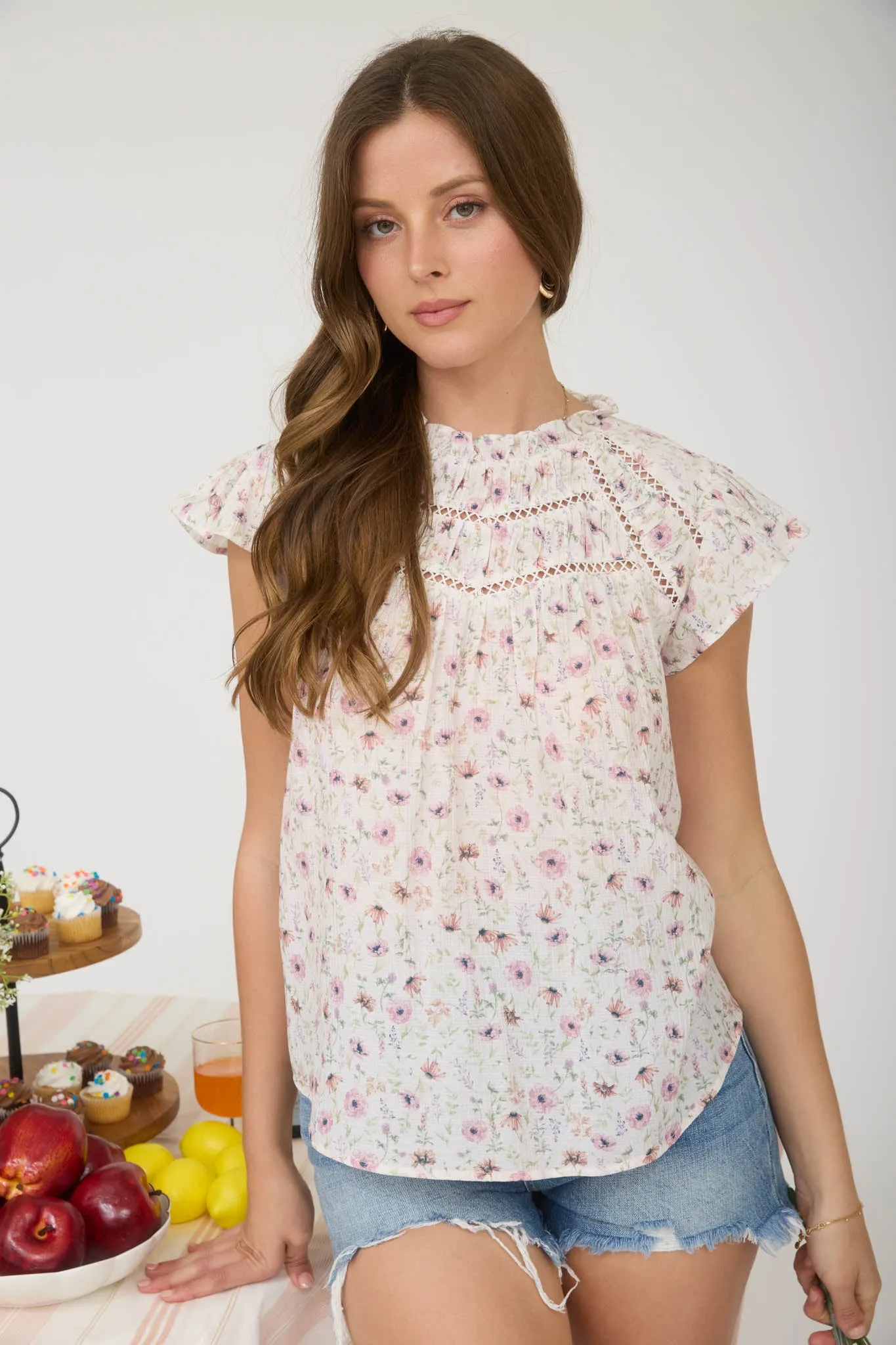 PLUS FLORAL RUFFLE DETAIL LINE LACE YOKE TOP (PRE-ORDER) sold by Blu Pepper product image thumbnail 4