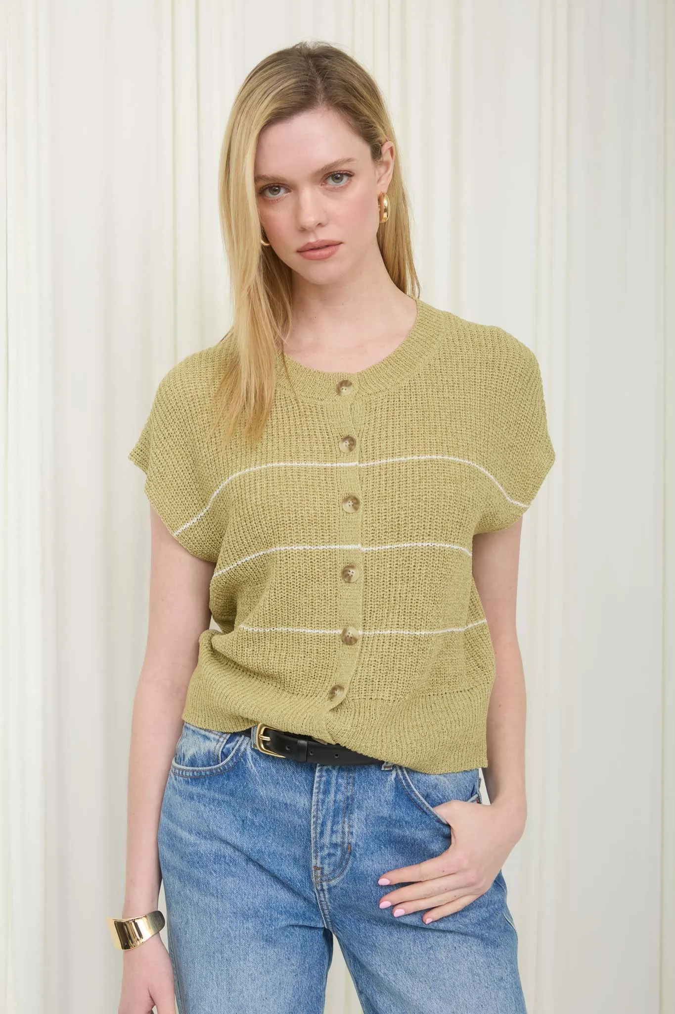 STRIPE LIGHTWEIGHT SHORT SLEEVE KNIT CARDIGAN sold by Blu Pepper