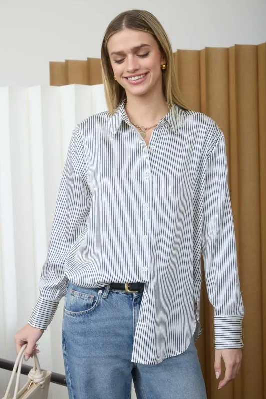 PINSTRIPE PATTERN COLLARED LONG SLEEVE SHIRT sold by Blu Pepper