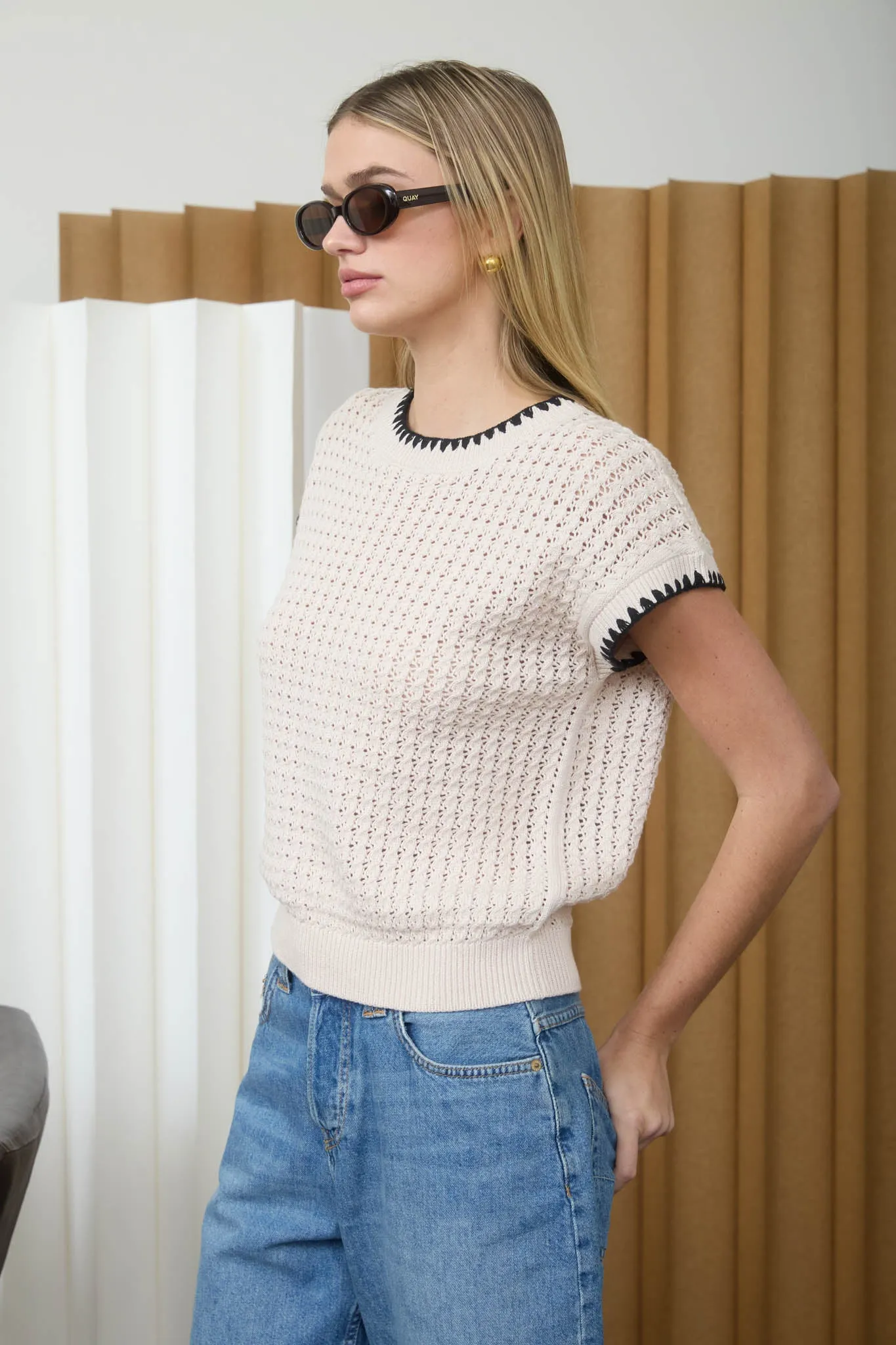TEXTURED KNIT CONTRAST TRIM SHORT SLEEVE SWEATER sold by Blu Pepper product image thumbnail 3