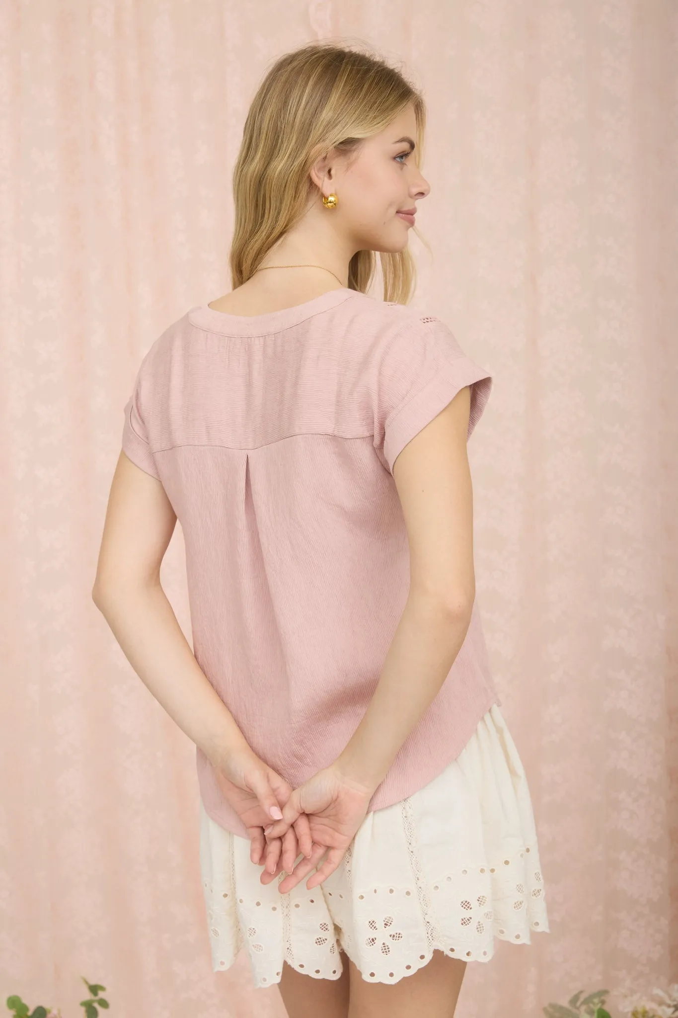 CROCHET LINE LACE HALF BUTTON SHORT SLEEVE TOP sold by Blu Pepper product image thumbnail 2