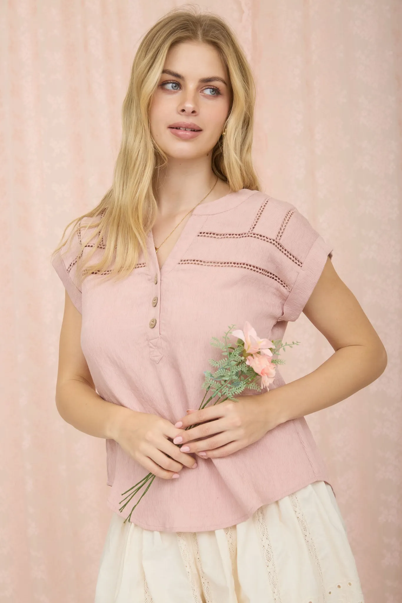 CROCHET LINE LACE HALF BUTTON SHORT SLEEVE TOP sold by Blu Pepper product image thumbnail 4