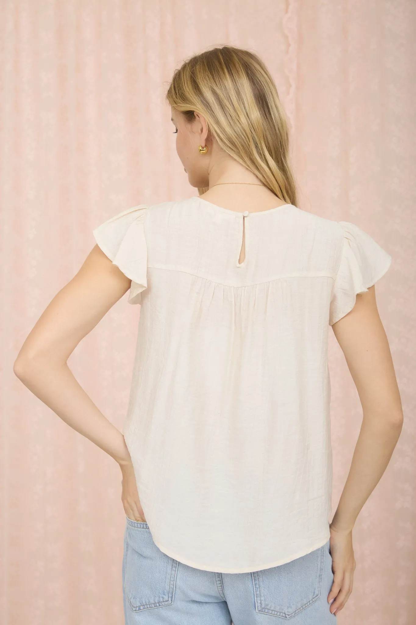 FRONT LADDER LINE LACE DETAIL FLOUNCE SLEEVE TOP sold by Blu Pepper product image thumbnail 2