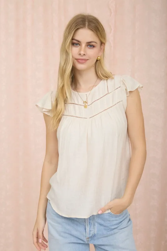 FRONT LADDER LINE LACE DETAIL FLOUNCE SLEEVE TOP sold by Blu Pepper