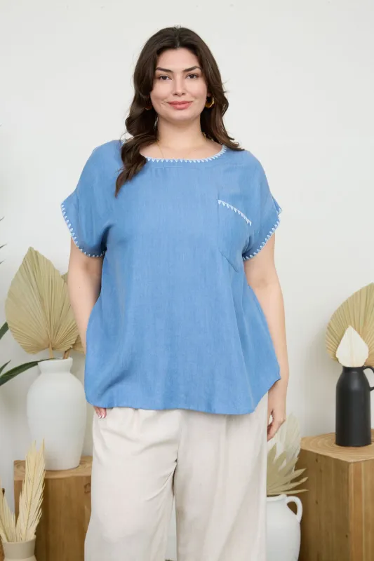 PLUS EDGE STITCH DETAIL SHORT SLEEVE CHAMBRAY TOP made by Blu Pepper