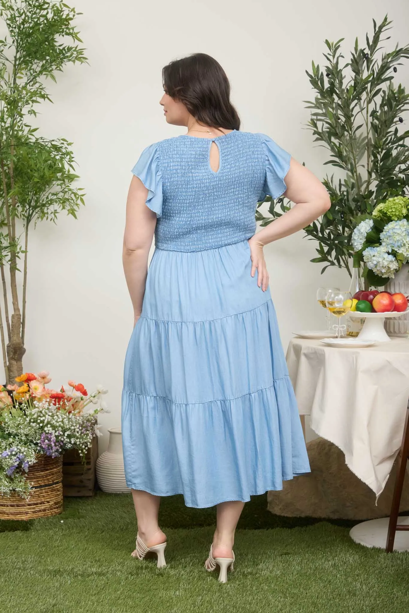 PLUS CHAMBRAY SMOCKED TIERED MIDI DRESS sold by Blu Pepper product image thumbnail 2
