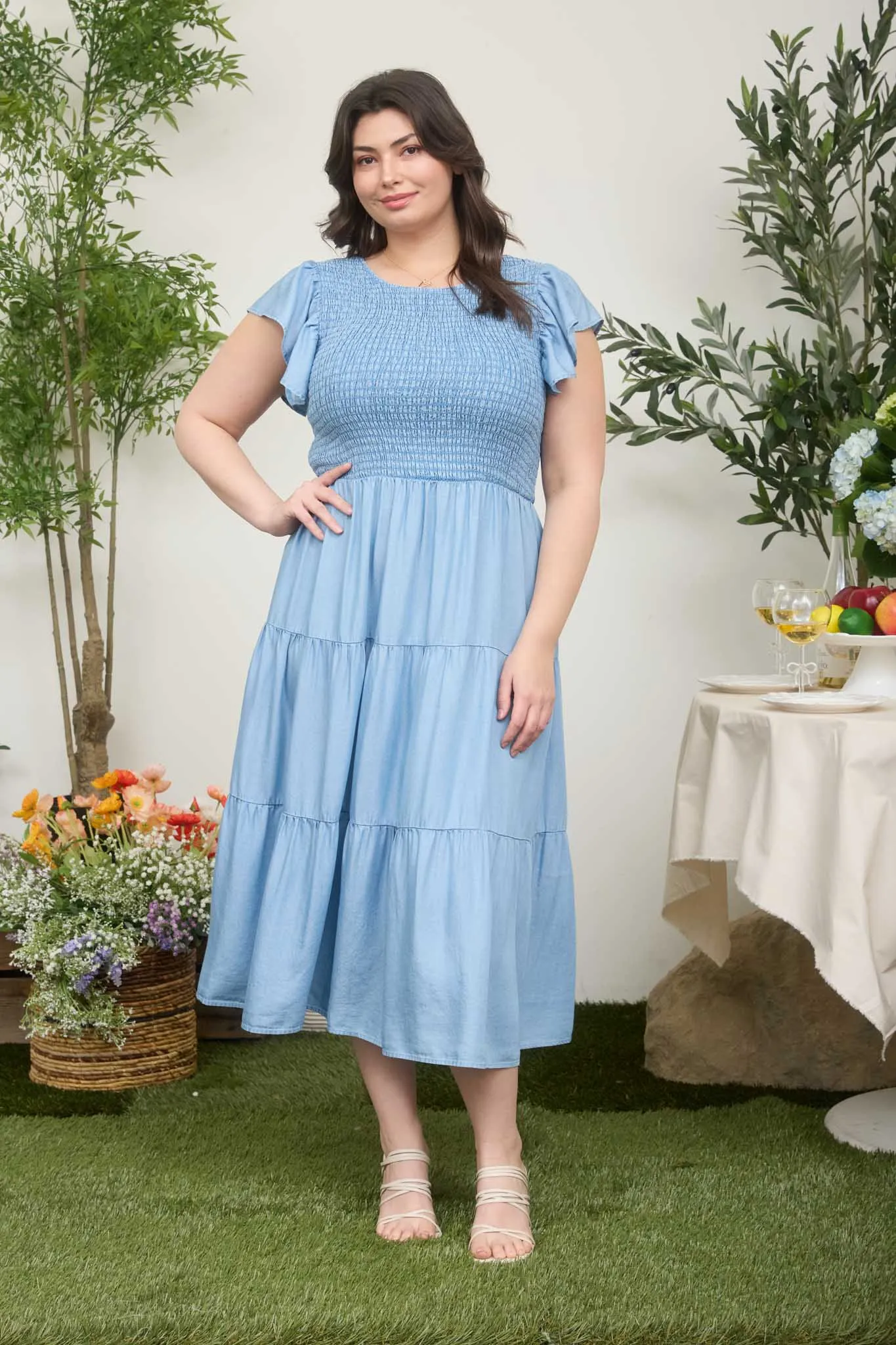 PLUS CHAMBRAY SMOCKED TIERED MIDI DRESS sold by Blu Pepper