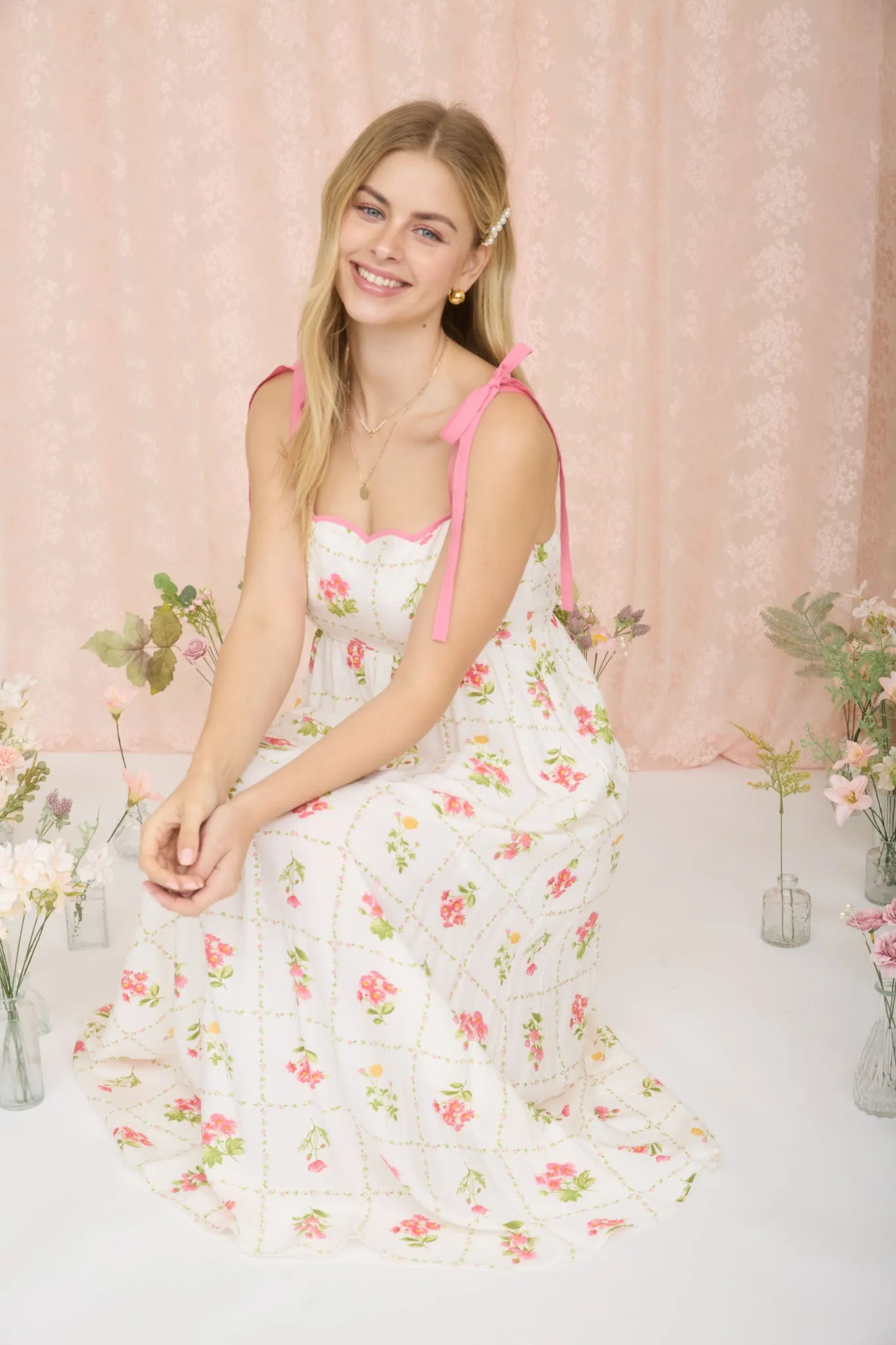 PLUS FLORAL TILE PATTERN TIE STRAP MIDI DRESS sold by Blu Pepper