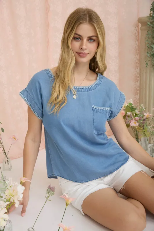 EDGE STITCH DETAIL SHORT SLEEVE CHAMBRAY TOP made by Blu Pepper