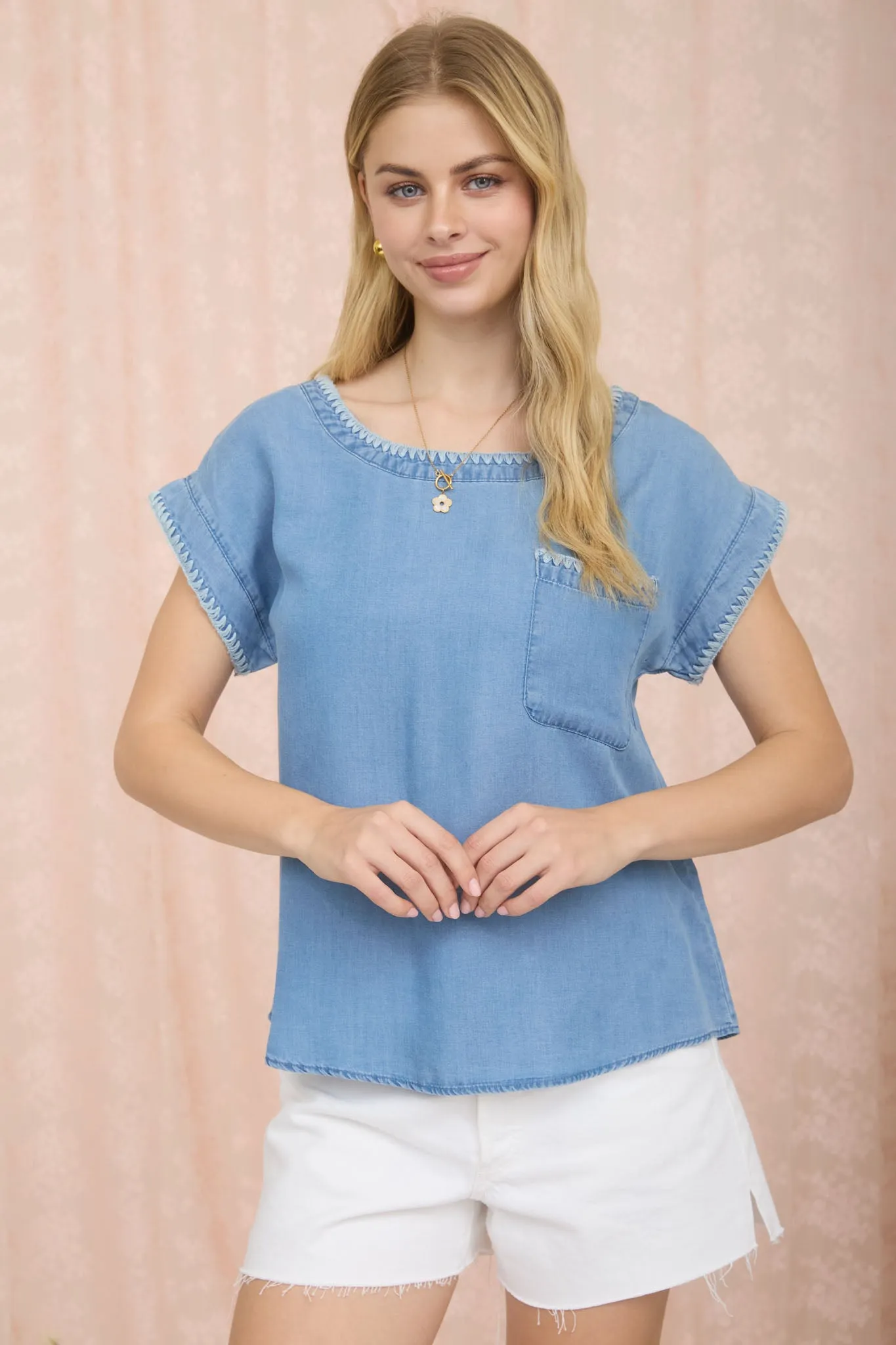 EDGE STITCH DETAIL SHORT SLEEVE CHAMBRAY TOP sold by Blu Pepper product image thumbnail 4