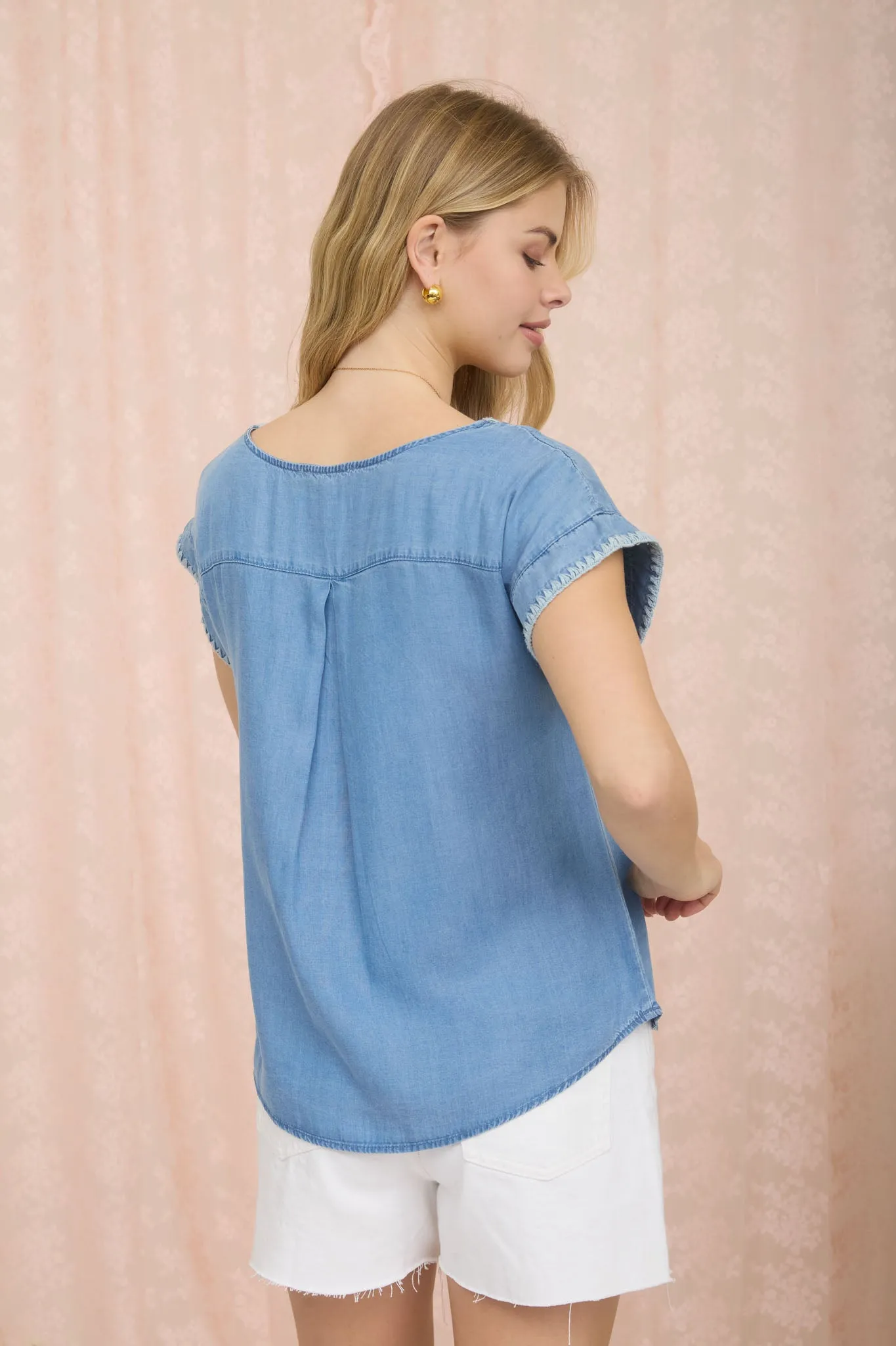 EDGE STITCH DETAIL SHORT SLEEVE CHAMBRAY TOP sold by Blu Pepper product image thumbnail 2