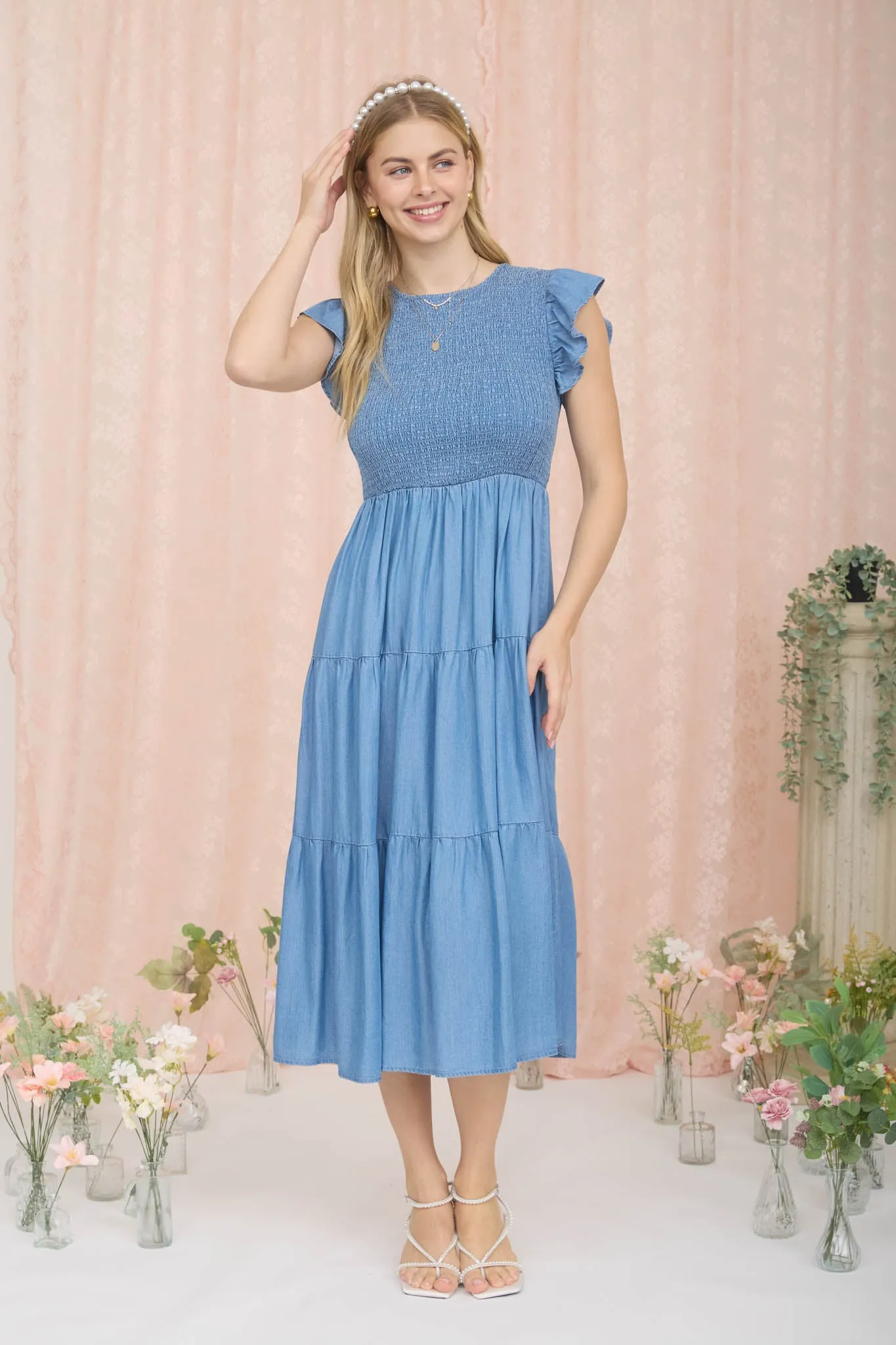 CHAMBRAY SMOCKED TIERED MIDI DRESS sold by Blu Pepper product image thumbnail 5