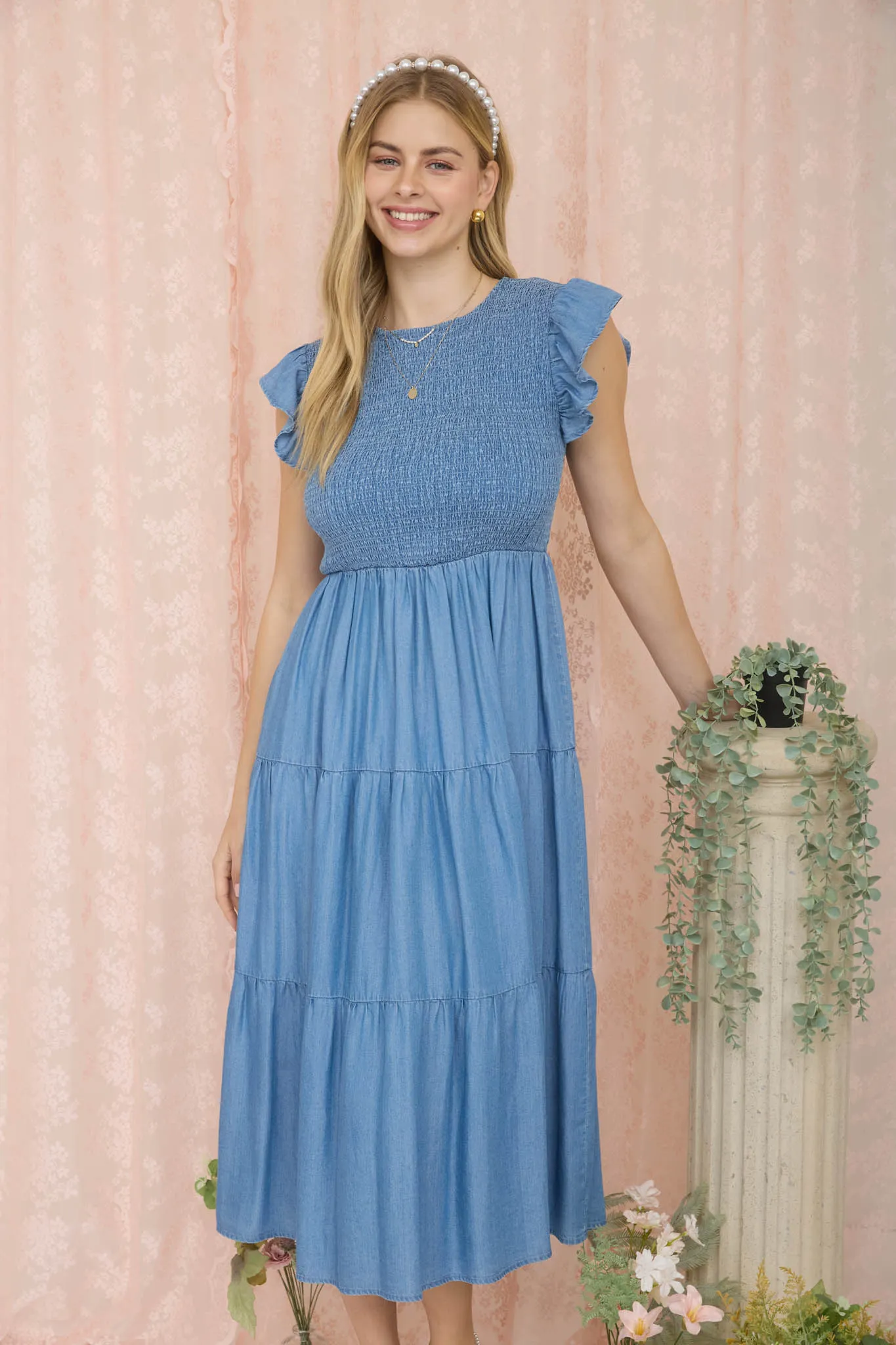 CHAMBRAY SMOCKED TIERED MIDI DRESS sold by Blu Pepper