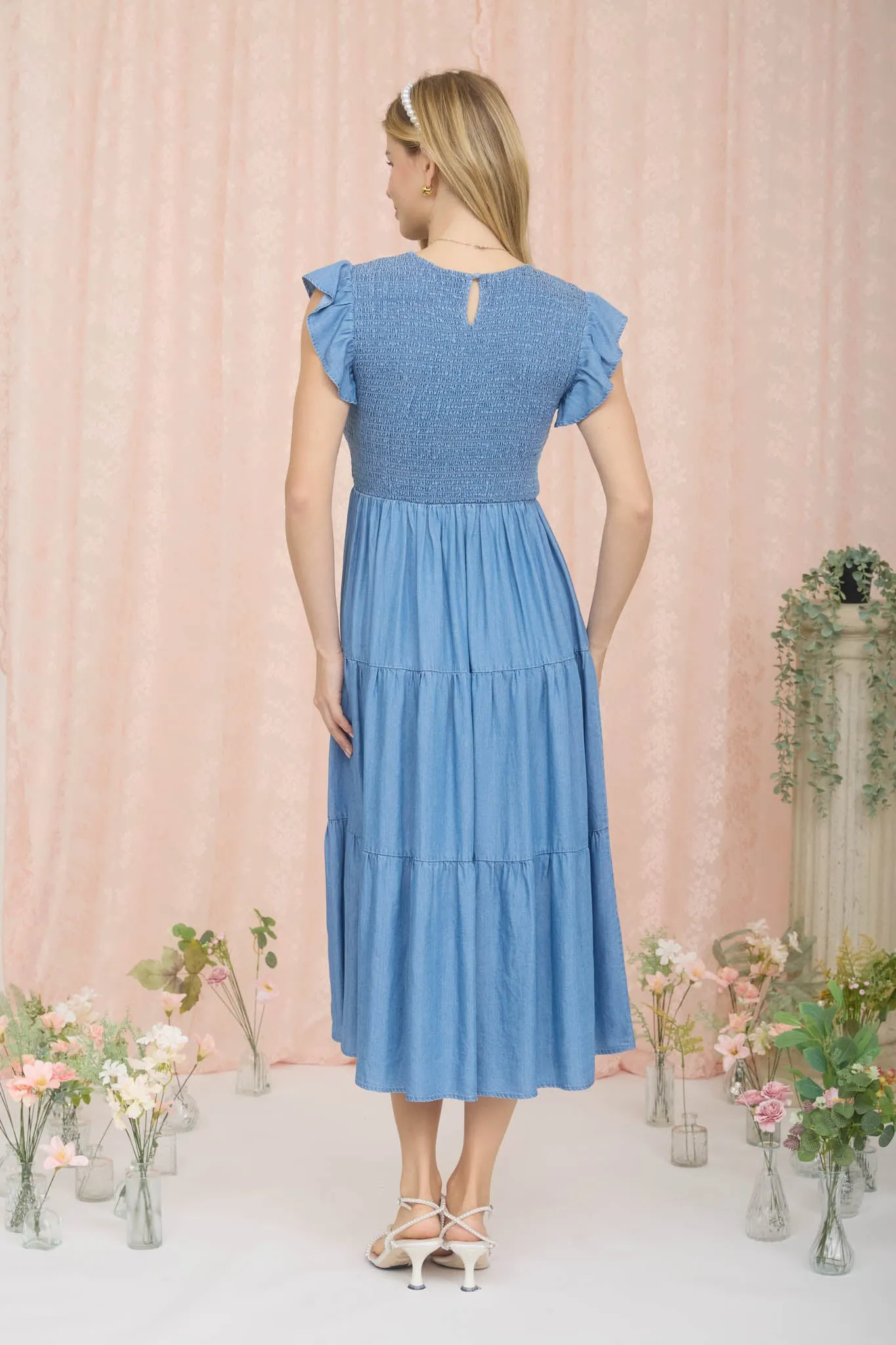 CHAMBRAY SMOCKED TIERED MIDI DRESS sold by Blu Pepper product image thumbnail 2
