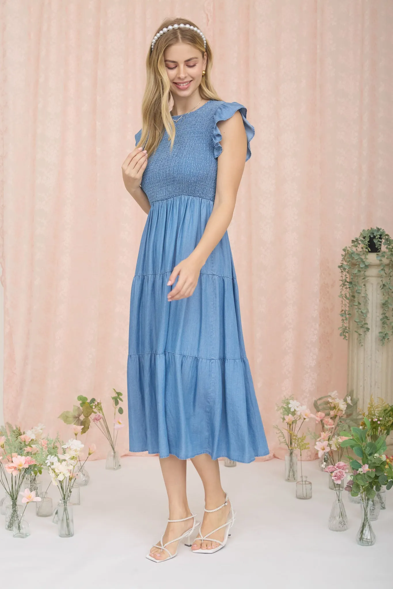 CHAMBRAY SMOCKED TIERED MIDI DRESS sold by Blu Pepper product image thumbnail 3