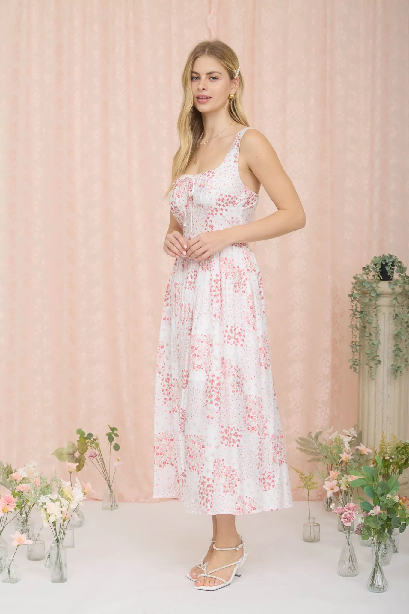 FLORAL SLEEVELESS CORSET FRONT TIE MIDI DRESS (PRE-ORDER) sold by Blu Pepper product image thumbnail 3