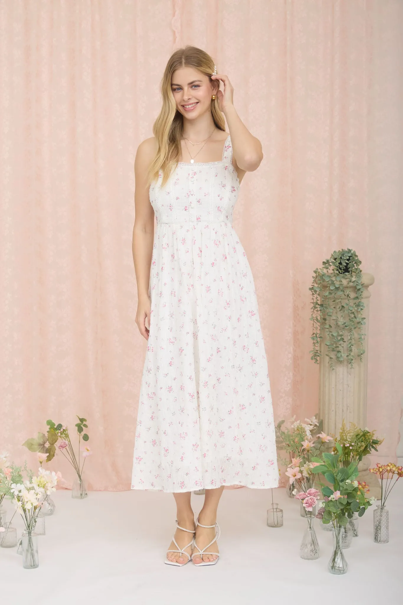 FLORAL STRIPE CLIP DOT SLEEVELESS MAXI DRESS sold by Blu Pepper product image thumbnail 4