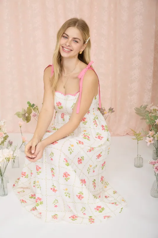 FLORAL TILE PATTERN SCALLOPED TIE STRAP MIDI DRESS made by mine