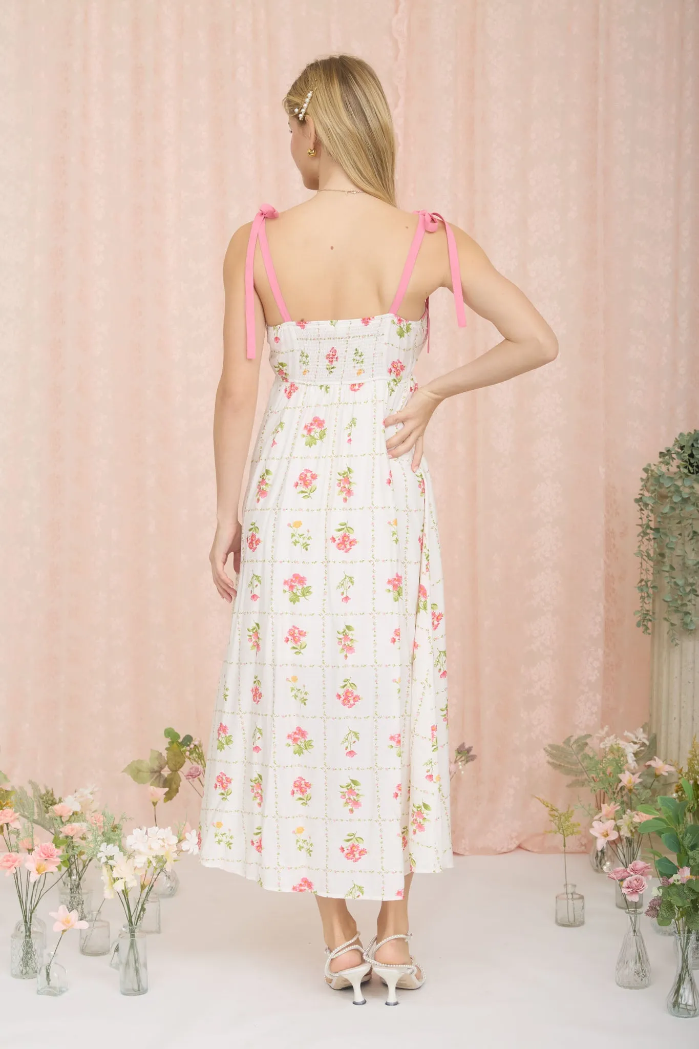 FLORAL TILE PATTERN SCALLOPED TIE STRAP MIDI DRESS sold by Blu Pepper product image thumbnail 2