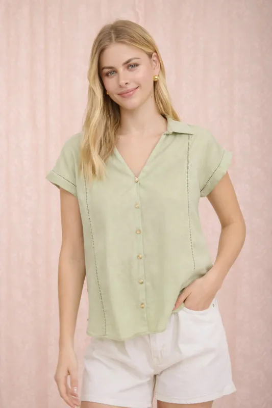 COLLARED V NECK BUTTON DOWN LINE LACE DETAIL SHIRT made by mine