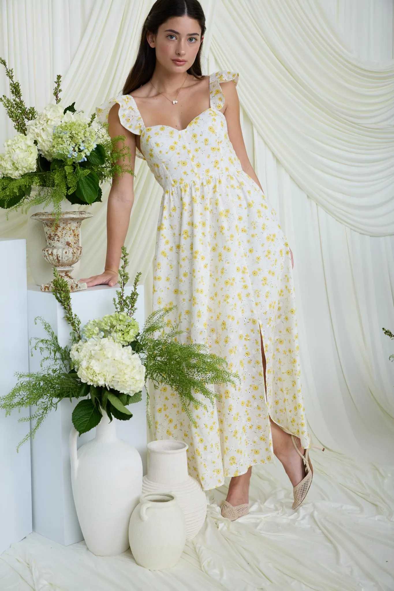 FLORAL EYELET PATTERN FRONT SLIT CORSET MIDI DRESS (PRE-ORDER) sold by Blu Pepper product image thumbnail 5