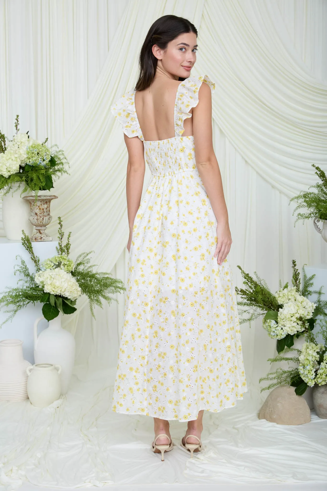 FLORAL EYELET PATTERN FRONT SLIT CORSET MIDI DRESS (PRE-ORDER) sold by Blu Pepper product image thumbnail 2