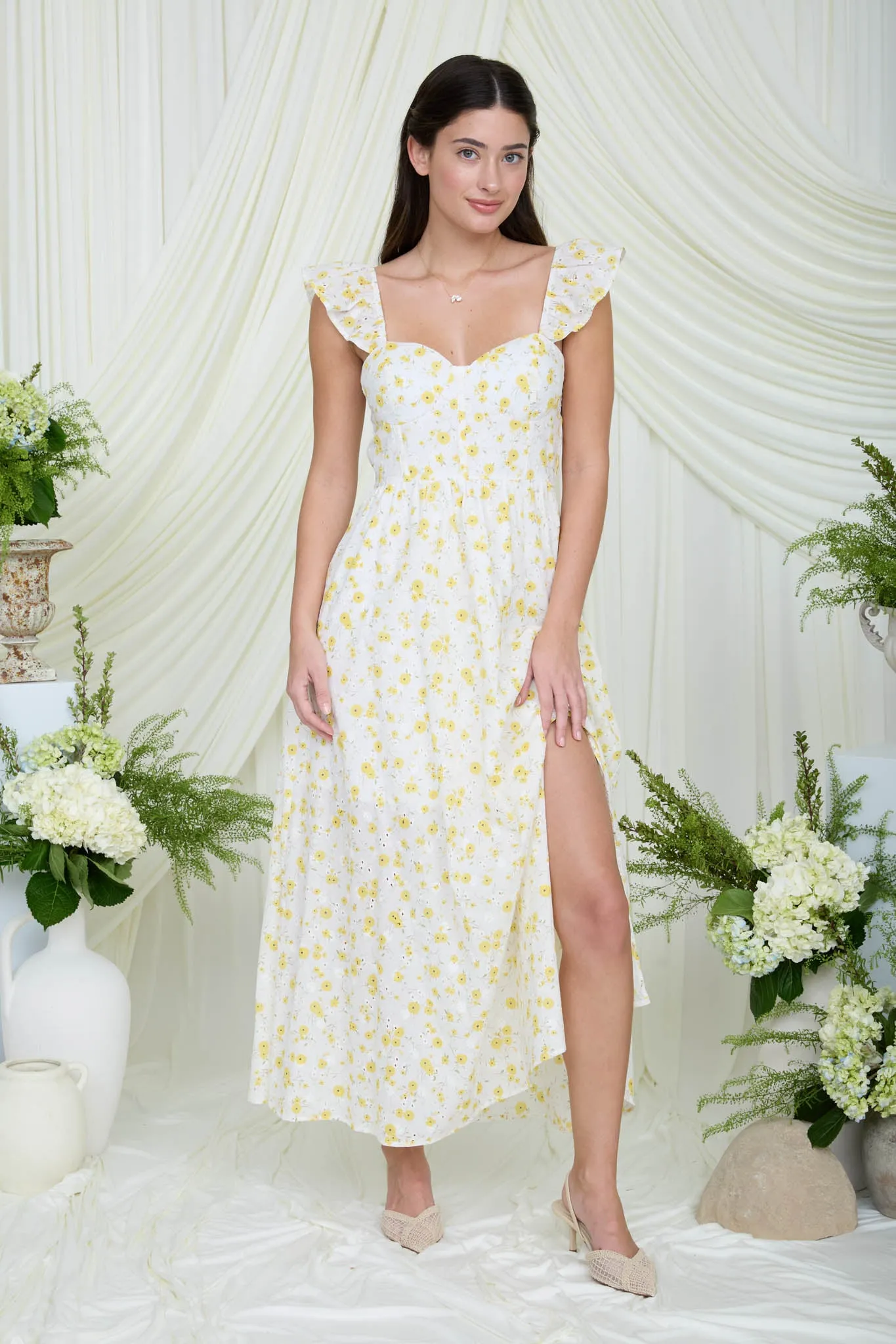 FLORAL EYELET PATTERN FRONT SLIT CORSET MIDI DRESS (PRE-ORDER) sold by Blu Pepper product image thumbnail 4