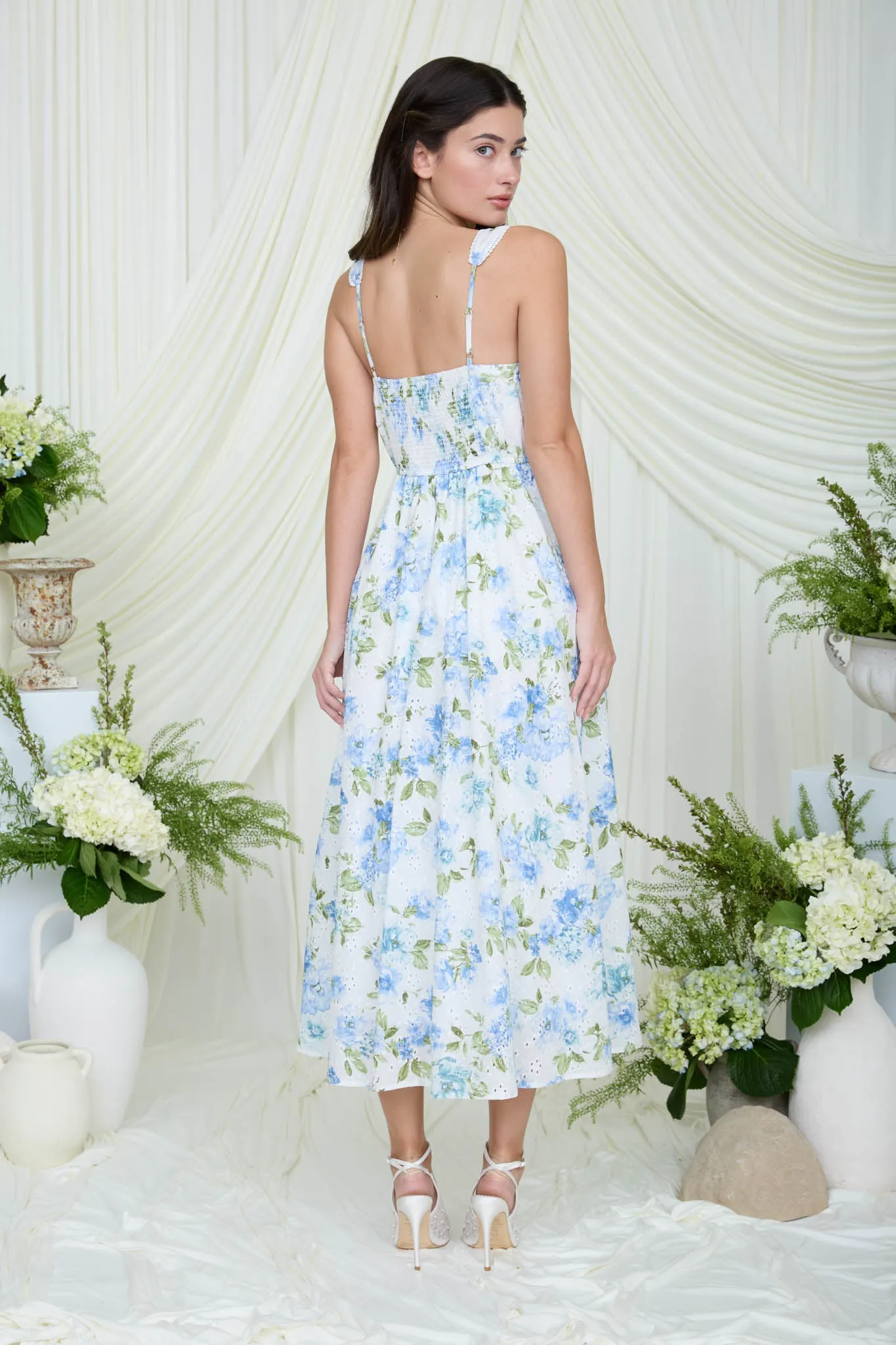 FLORAL EYELET PATTERN SCALLOP LACE TRIM MIDI DRESS sold by Blu Pepper product image thumbnail 2