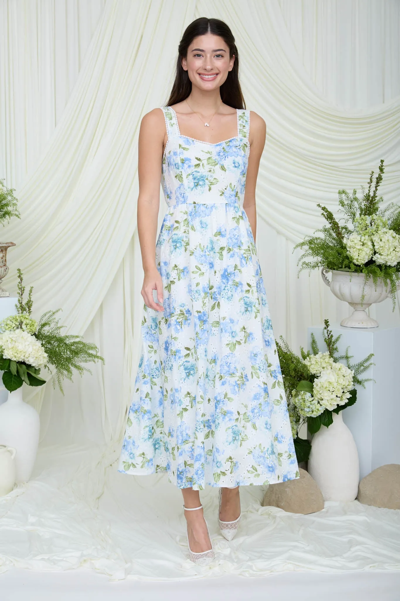 FLORAL EYELET PATTERN SCALLOP LACE TRIM MIDI DRESS sold by Blu Pepper product image thumbnail 5