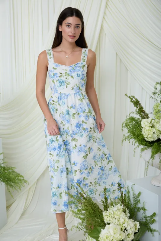 FLORAL EYELET PATTERN SCALLOP LACE TRIM MIDI DRESS made by Blu Pepper