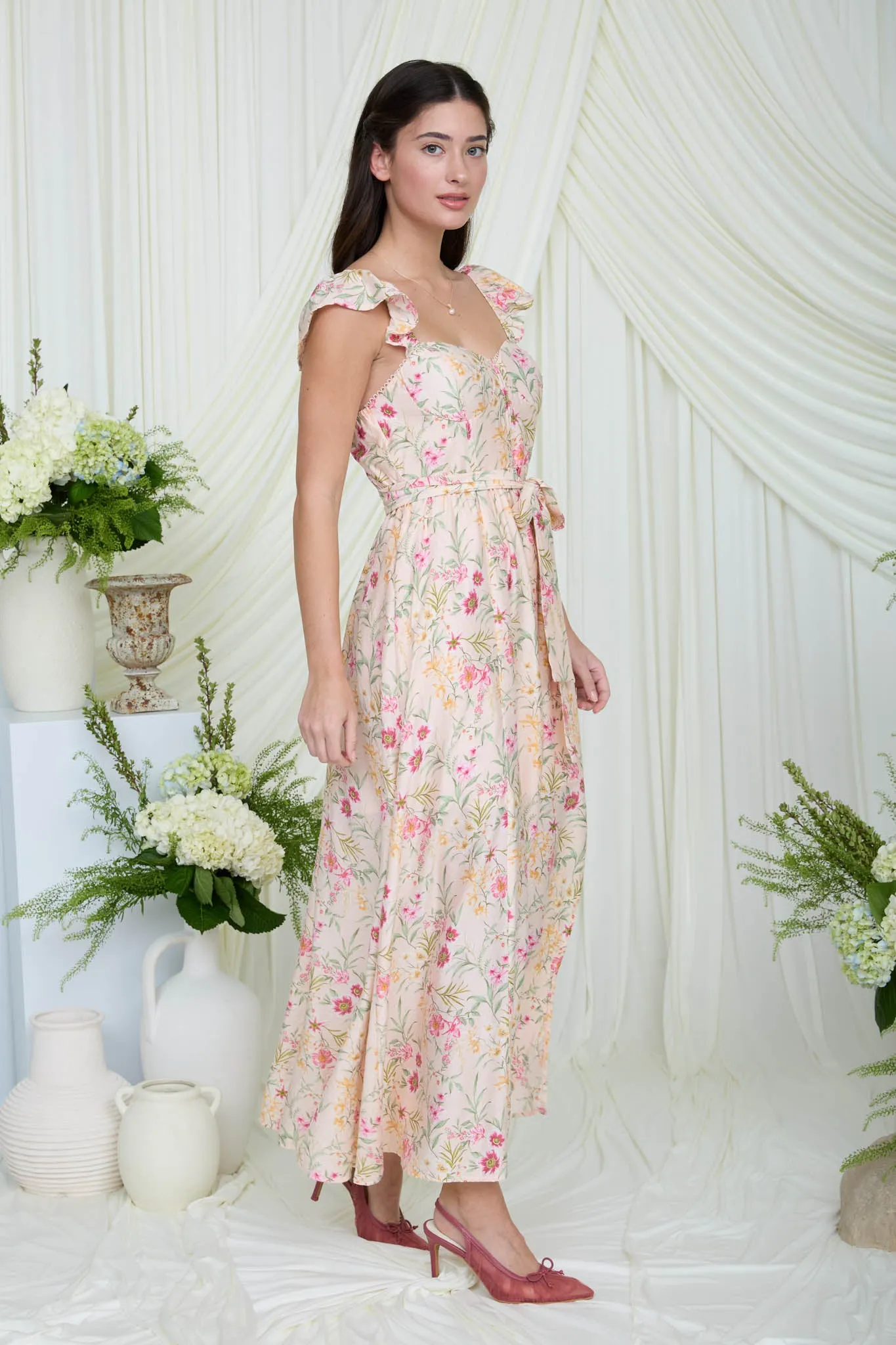 FLORAL WAIST TIE FRONT SLIT SLEEVELESS MIDI DRESS sold by Blu Pepper product image thumbnail 3