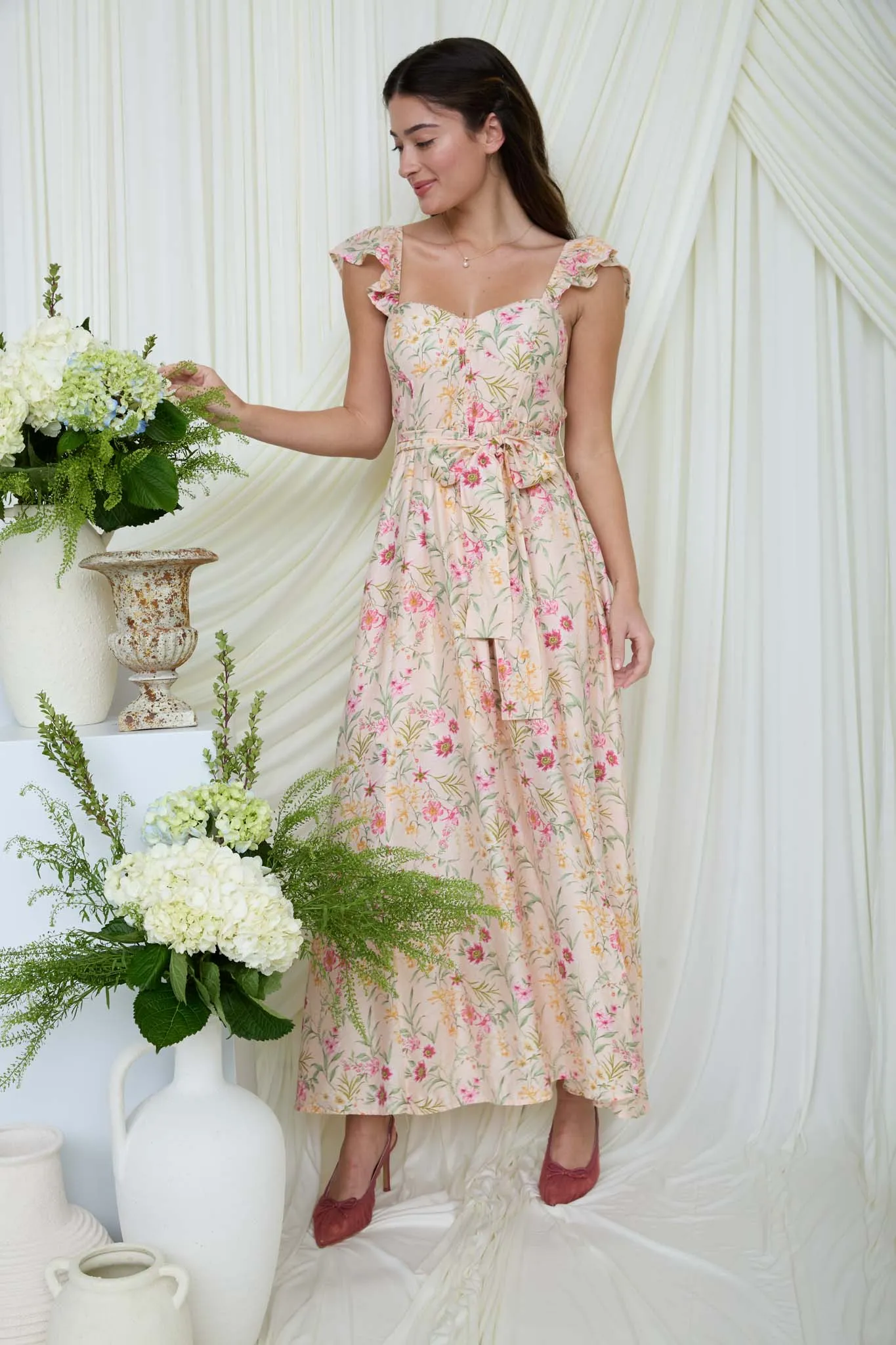 FLORAL WAIST TIE FRONT SLIT SLEEVELESS MIDI DRESS sold by Blu Pepper product image thumbnail 5