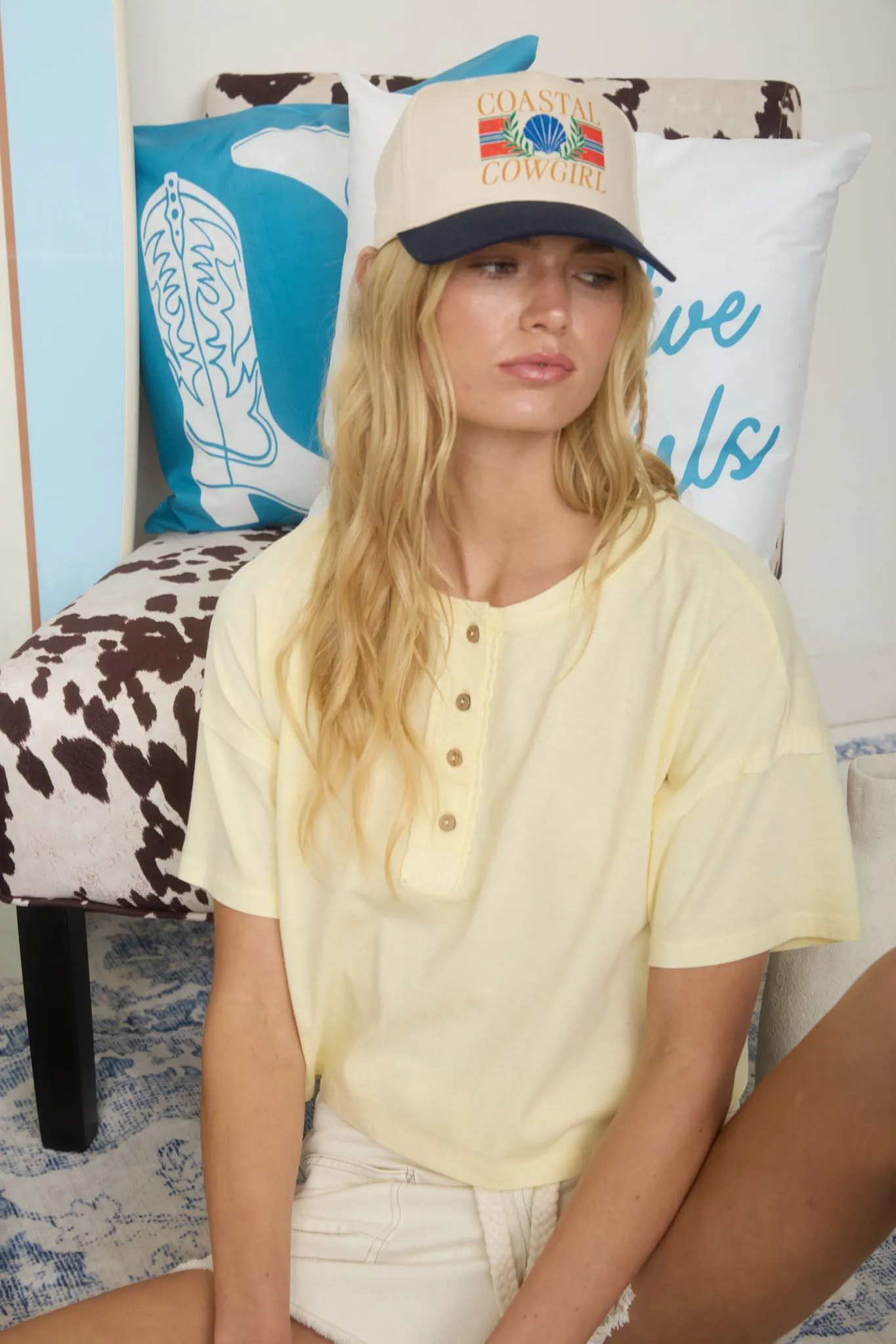 BOXY SHORT SLEEVE KNIT HENLEY CROP TOP sold by Blu Pepper
