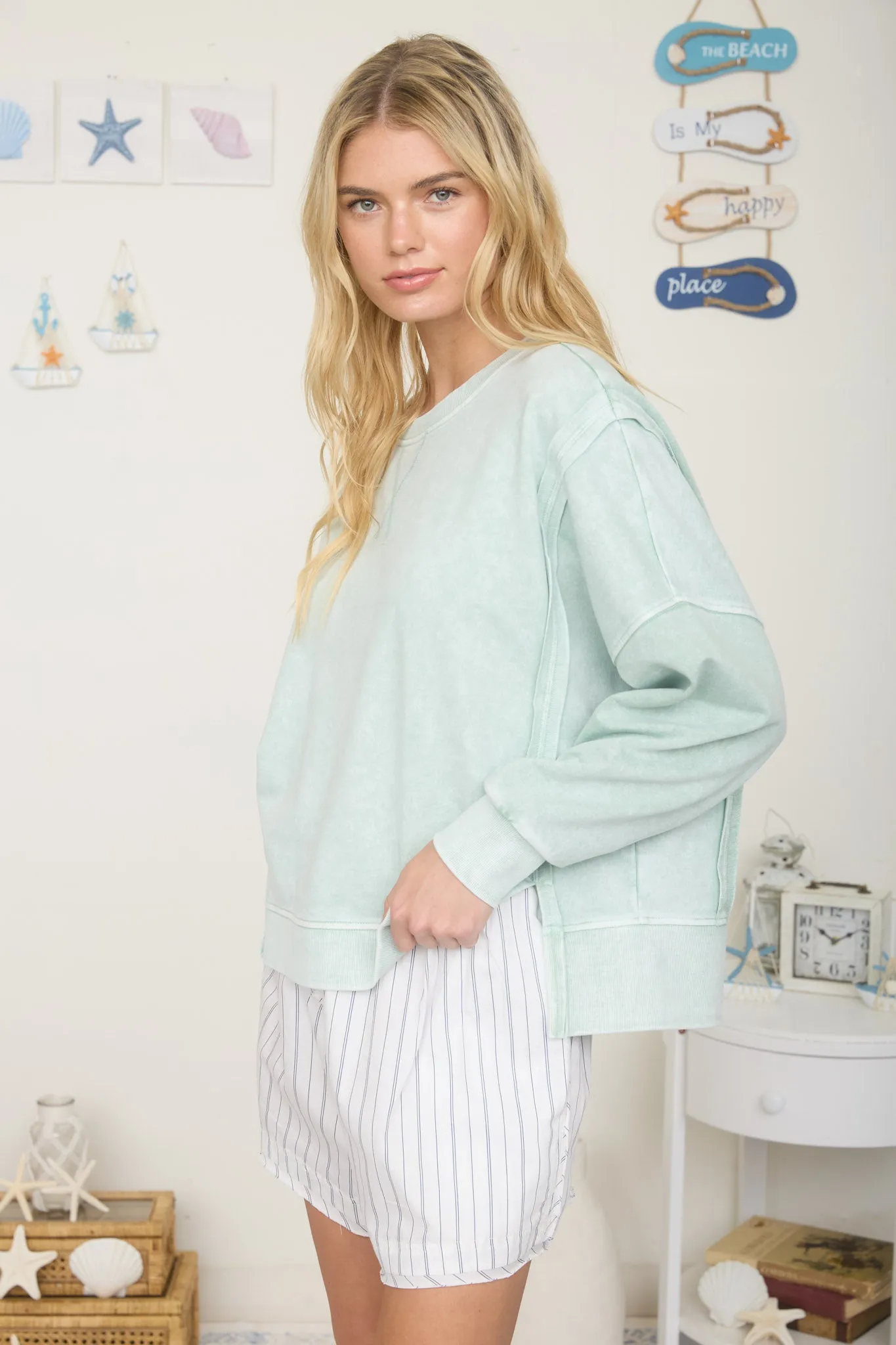 ACID WASH LONG SLEEVE SIDE SLIT KNIT TOP sold by Blu Pepper product image thumbnail 3