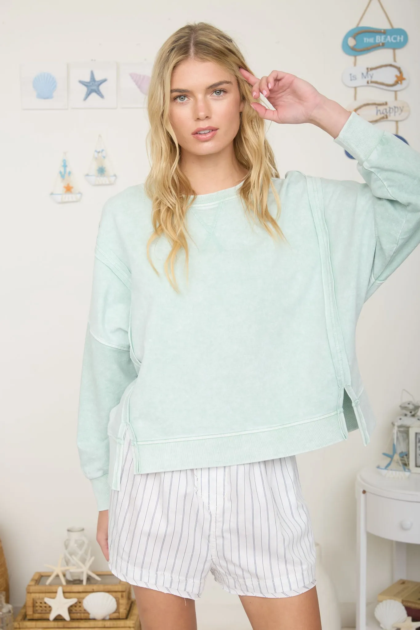 ACID WASH LONG SLEEVE SIDE SLIT KNIT TOP sold by Blu Pepper
