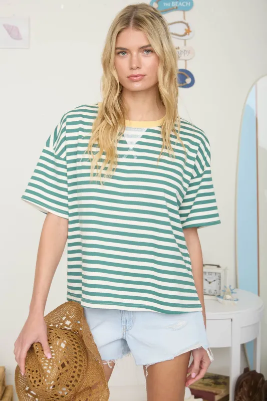 STRIPE COLORBLOCK DETAIL SHORT SLEEVE KNIT T-SHIRT sold by Blu Pepper