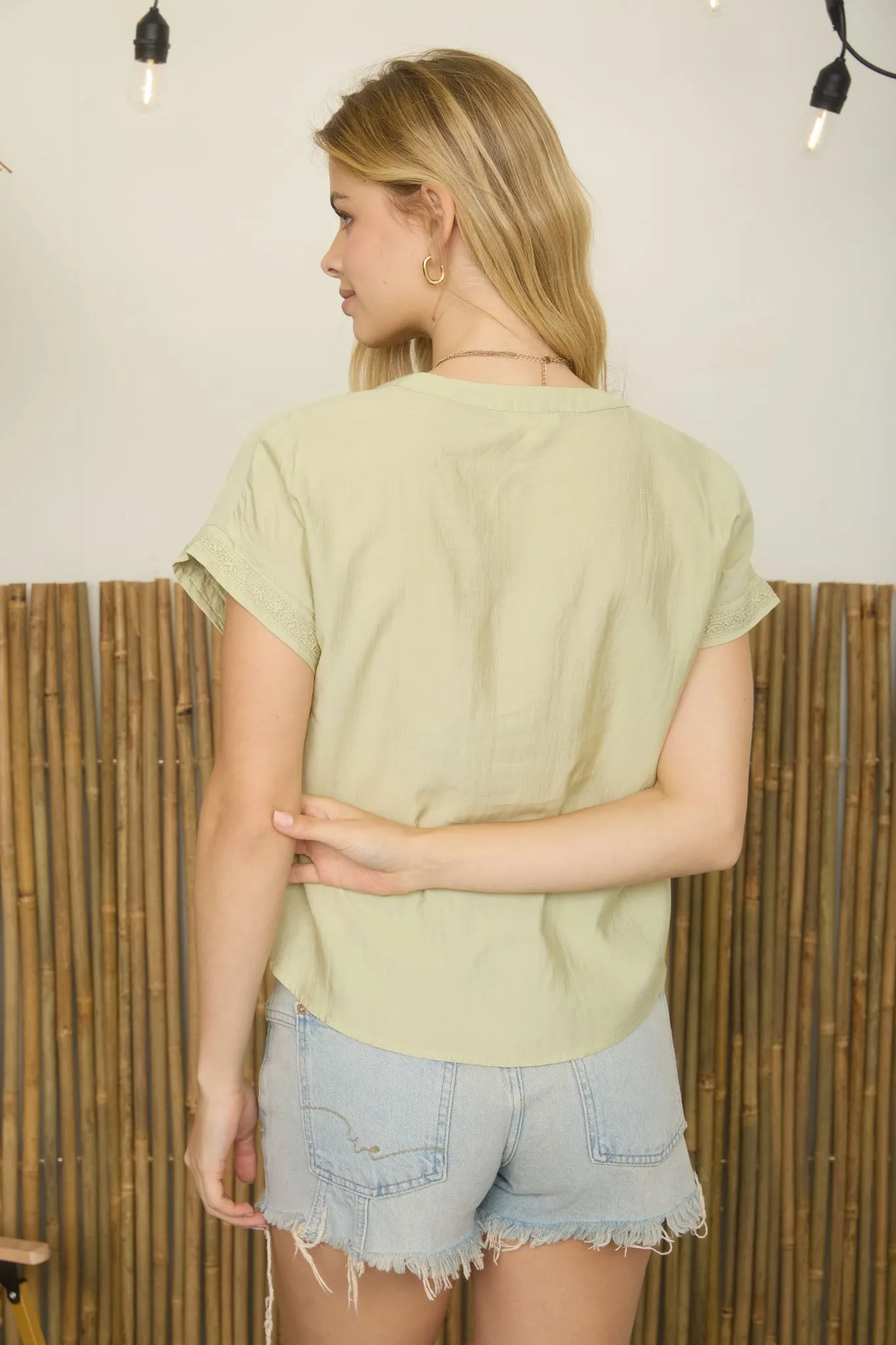 BUTTON DOWN PINTUCK AND LINE LACE DETAIL TOP sold by Blu Pepper product image thumbnail 2