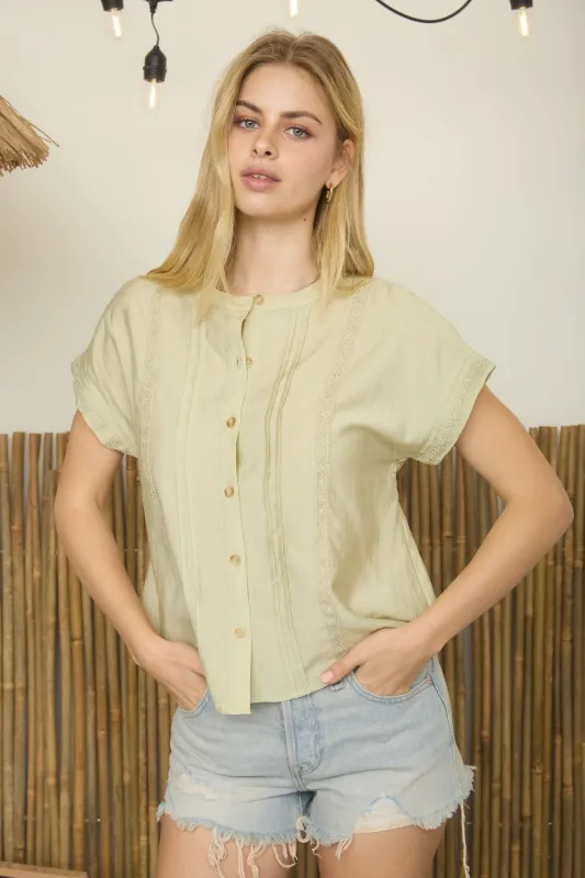 BUTTON DOWN PINTUCK AND LINE LACE DETAIL TOP sold by Blu Pepper