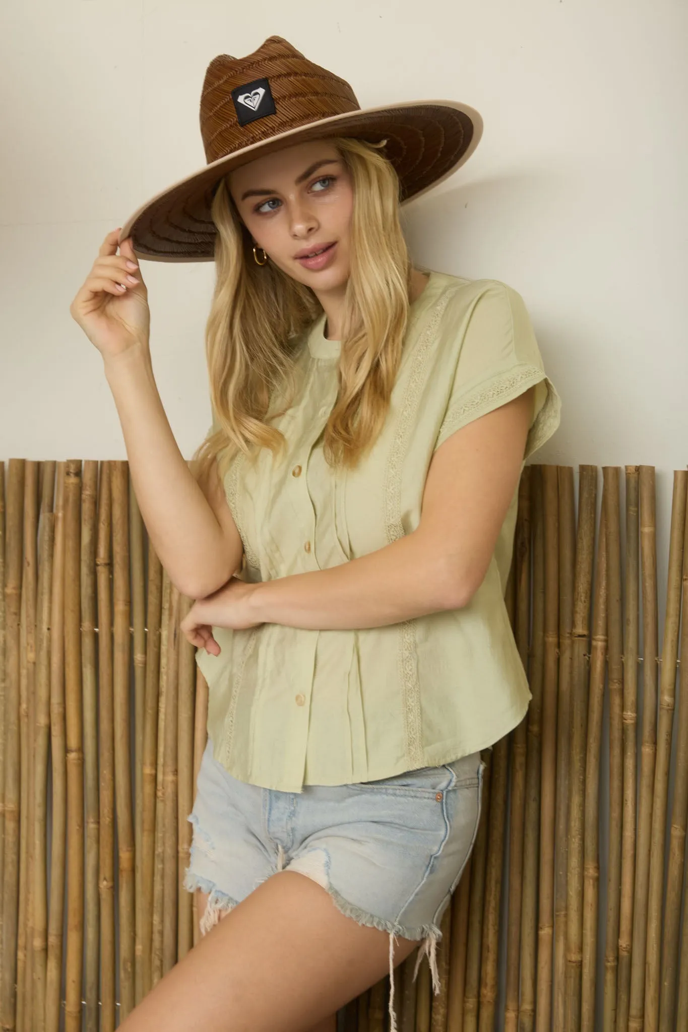 BUTTON DOWN PINTUCK AND LINE LACE DETAIL TOP sold by Blu Pepper product image thumbnail 4