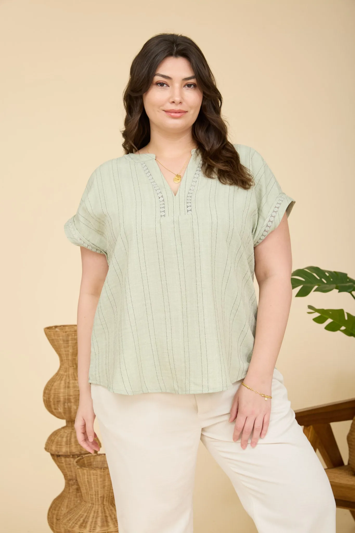 PLUS TEXTURED WOVEN PATTERN LINE LACE DETAIL TOP (PRE-ORDER) sold by Blu Pepper