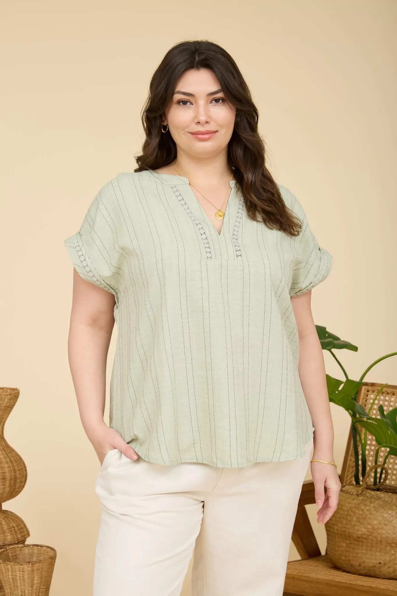 PLUS TEXTURED WOVEN PATTERN LINE LACE DETAIL TOP (PRE-ORDER) sold by Blu Pepper product image thumbnail 4