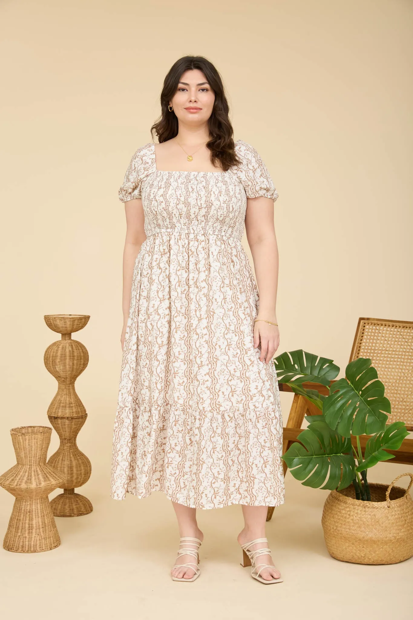 PLUS WAVY FLORAL SMOCKED PUFF SLEEVE MIDI DRESS sold by Blu Pepper product image thumbnail 3