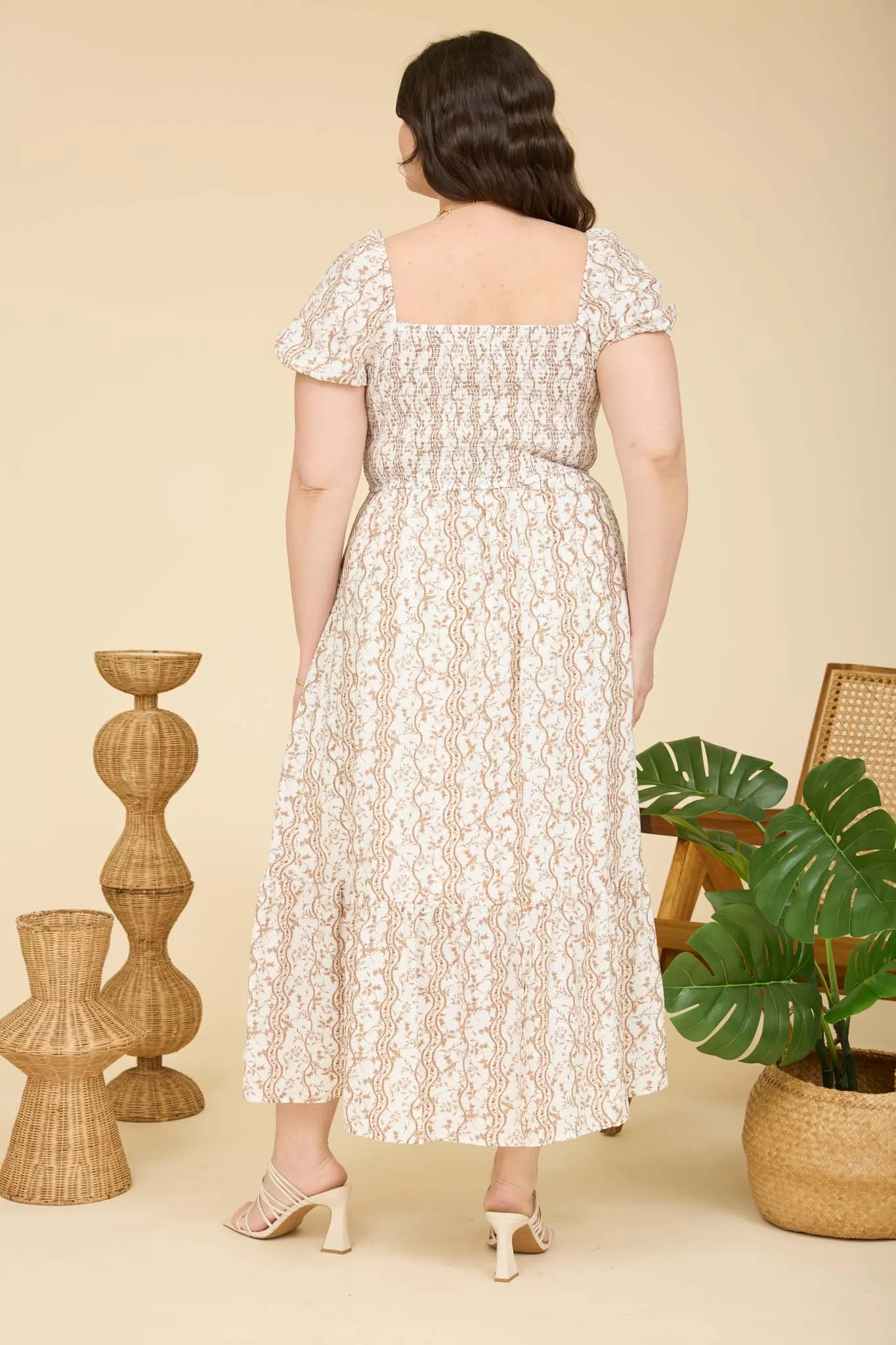 PLUS WAVY FLORAL SMOCKED PUFF SLEEVE MIDI DRESS sold by Blu Pepper product image thumbnail 4