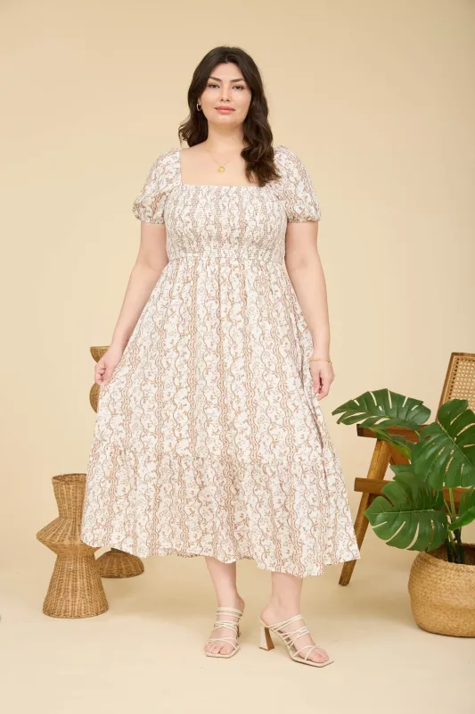 PLUS WAVY FLORAL SMOCKED PUFF SLEEVE MIDI DRESS sold by Blu Pepper