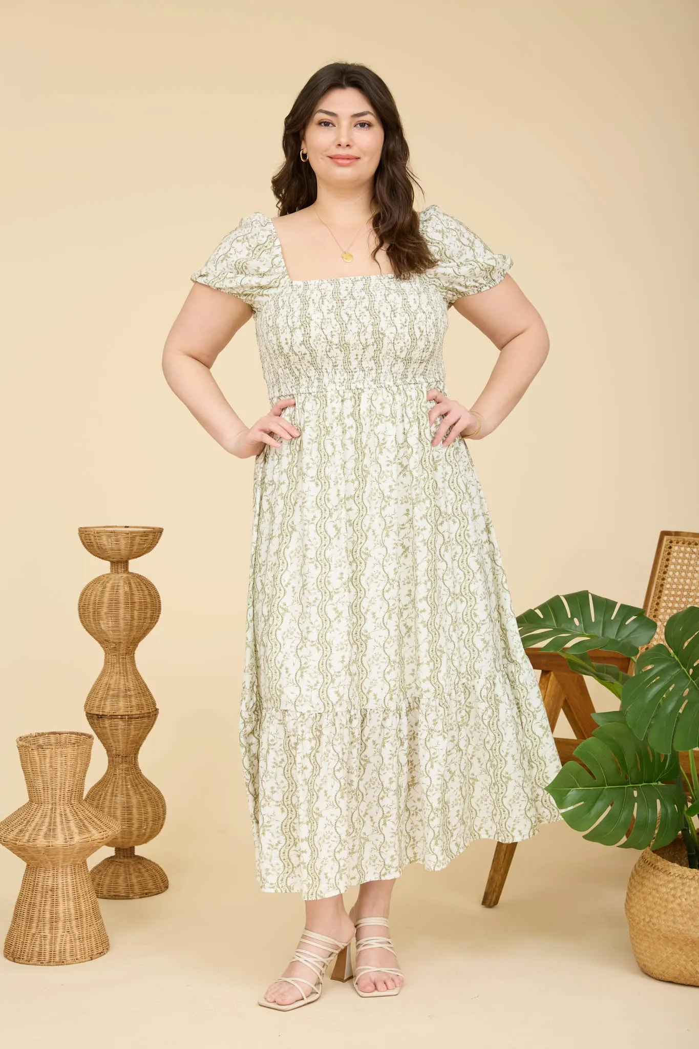 PLUS WAVY FLORAL SMOCKED PUFF SLEEVE MIDI DRESS sold by Blu Pepper product image thumbnail 5
