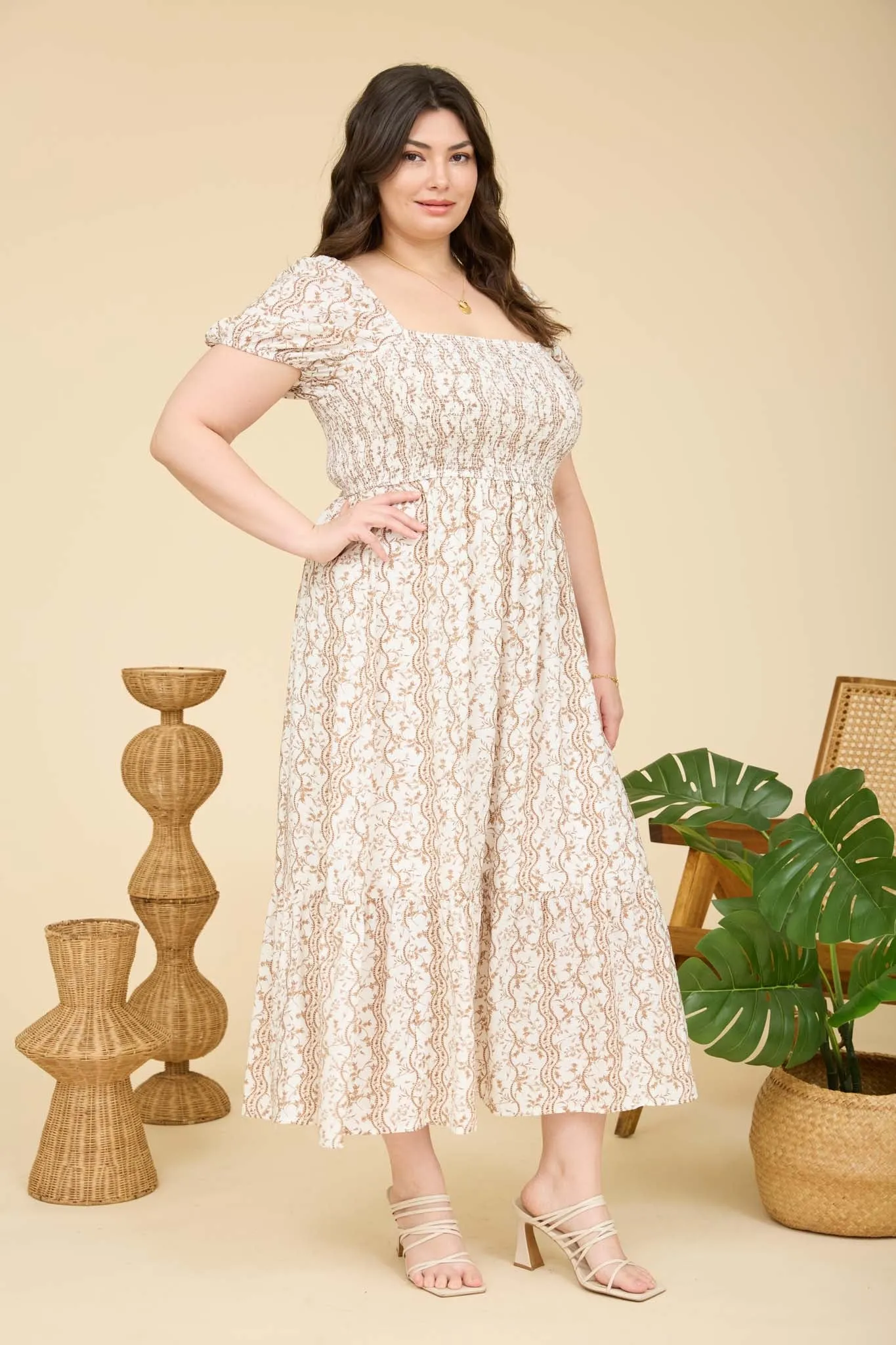 PLUS WAVY FLORAL SMOCKED PUFF SLEEVE MIDI DRESS sold by Blu Pepper product image thumbnail 2