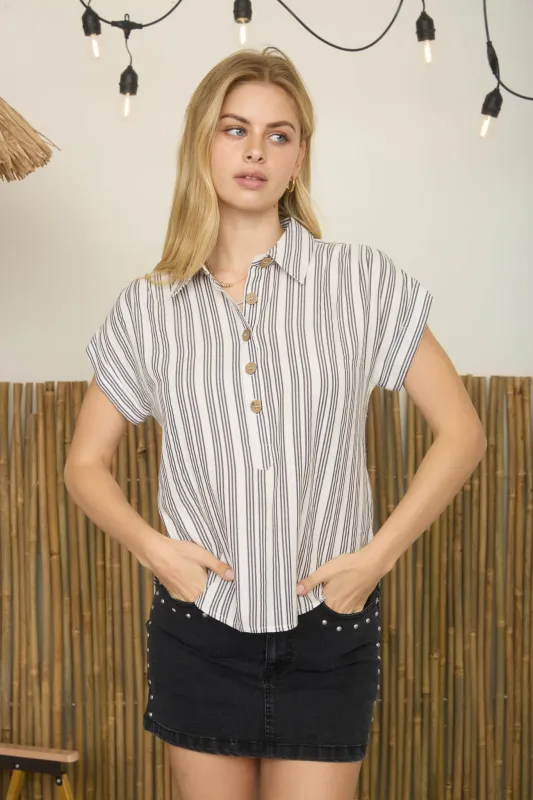 PLUS STRIPE COLLARED HALF BUTTON SHORT SLEEVE TOP sold by Blu Pepper