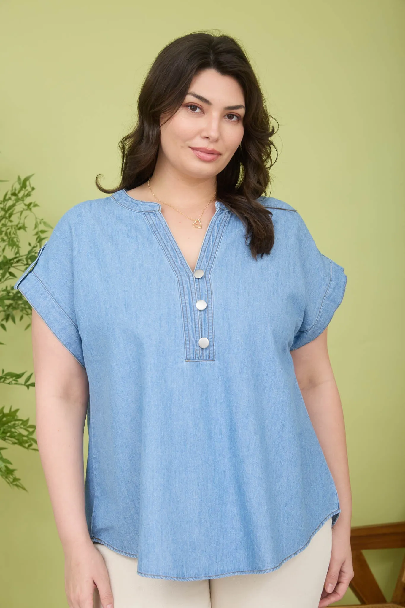 PLUS HALF BUTTON TAB SLEEVE CHAMBRAY TOP sold by Blu Pepper